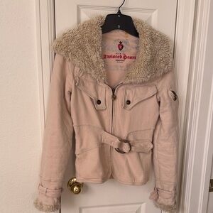 Twisted Heart Women's Beige Utility Jacket with Faux Fur